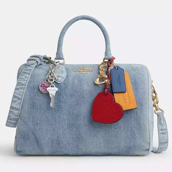 NWT Coach Rowan Large Satchel Bag In Loved Denim With Charms - Picture 2 of 16